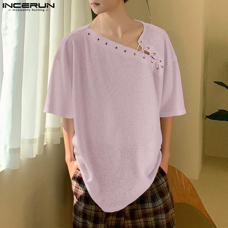 INCERUN Men Short Sleeve Bandage Texture Casual Loose T-shirts Tops