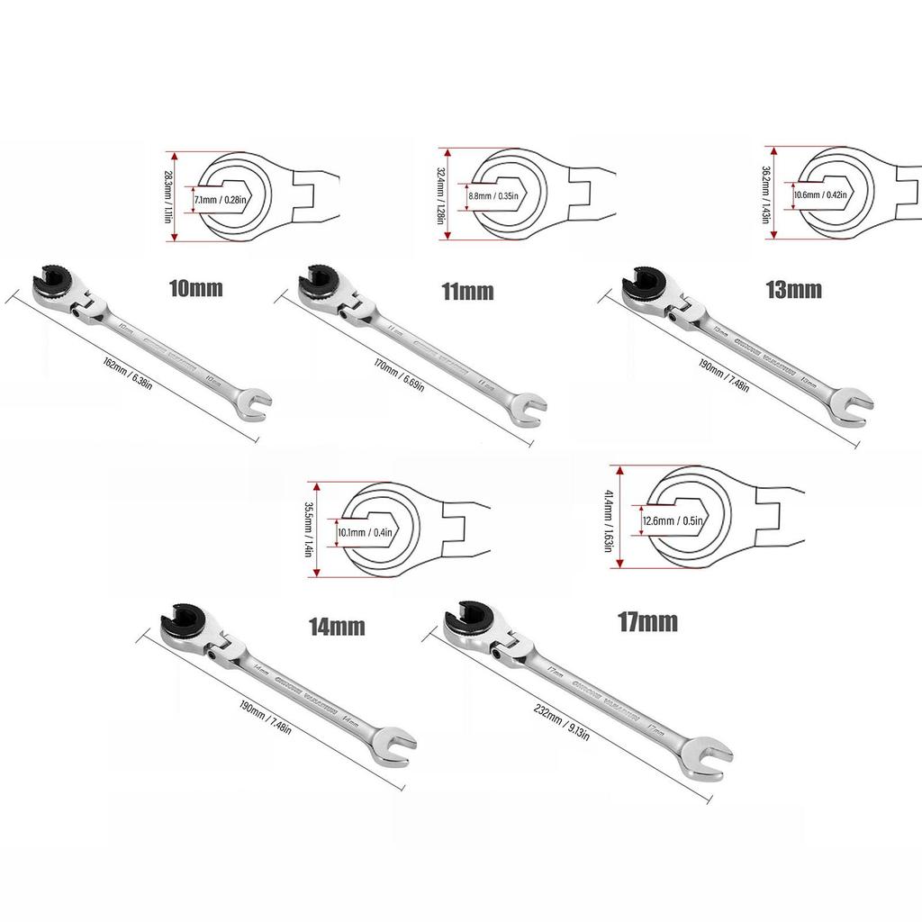Jiawu Ratchet Combination Wrench Set, 5-Piece Flex Head Brake Line Wrench, 10-17mm CV Steel Open End 72-Tooth Gear Spanner for Fuel Nuts, Air Conditio