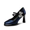 FHC New Cowhide Leather Office Lady Work Shoes,Women Platform Pumps,Rhinestone Bowtie High Heels,Round Toe,Black,Blue,Dropship