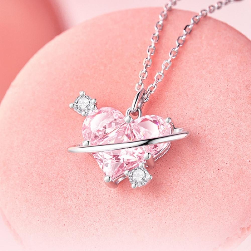 

Pink Planet Heart Zircon Pendent Necklace Charm Clavicle Chain Necklace