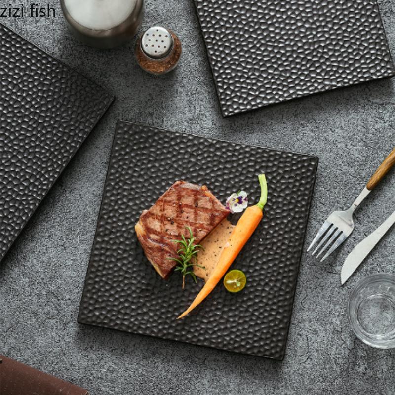Square Black Steak Plate Ceramics Dining Plate Sushi Plates Sting Disc Dessert Plates Fruit Dish Snack Bowl Dim Sum Dish