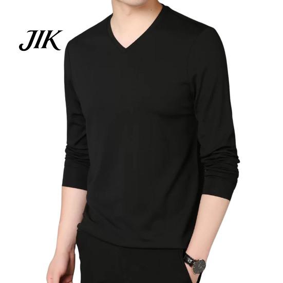 Spring Top Men Fall V Neck Long Sleeves Pure Color Autumn Clothes Slim Fit Thin Pullover T-shirt Daily Wear Sport Homewear