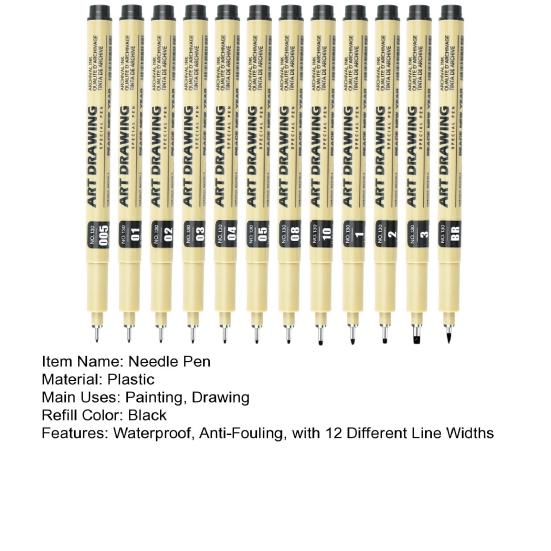 12Pcs Fineliner Set Waterproof Anti-Fouling Artists Illustration Sketching with 12 Different Line Widths Felt Tip Pens