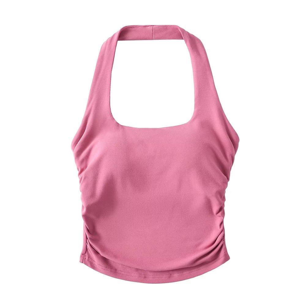 YPFF Stylish Women's Padded Halter Tank Top - Backless, Ruched, Waist-Slimming Crop Top