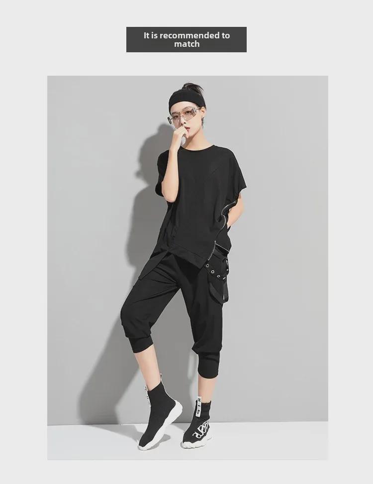 Summer Asymmetric Zipper Loose Round Neck Women's Fashion Pullover