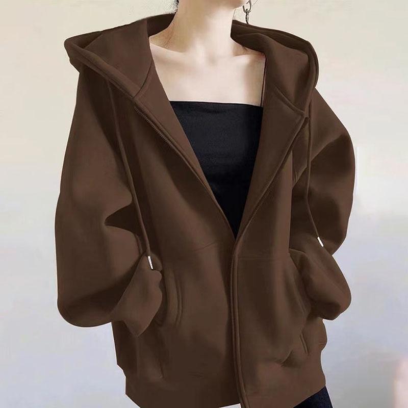 Autumn Winter Women's Fleece Sweatshirt Thickened Hooded Zip-up Loose Sweatshirt