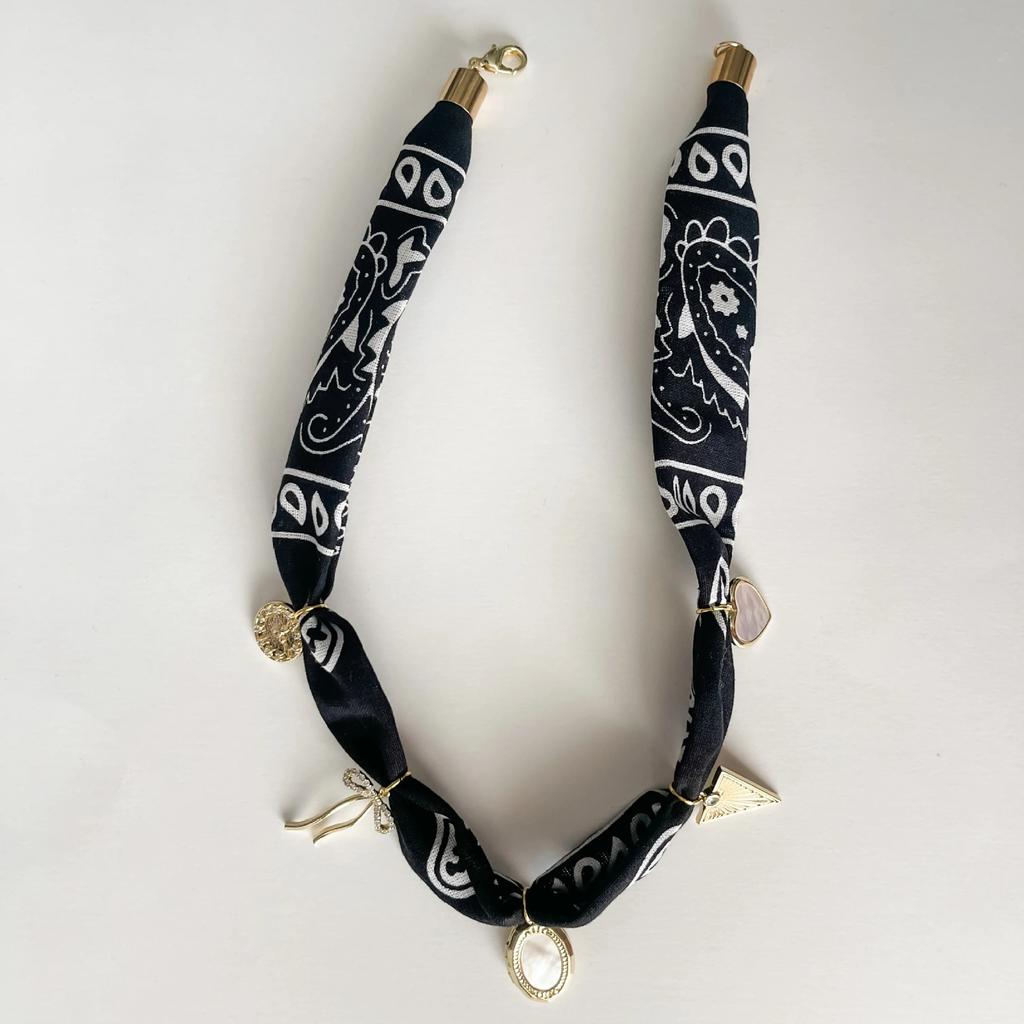 Bohemian Printed Silk Scarf Necklace Retro Metal Love Shell Pendant Cloth Strip Splicing Trendy Jewelry
