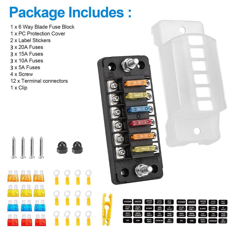 6-Way Car Fuse Holder With Negative Busbar 12V Blade Type Fuse Holder Atc/Ato Standard Fuse Box Label Sticker Waterproof Cover