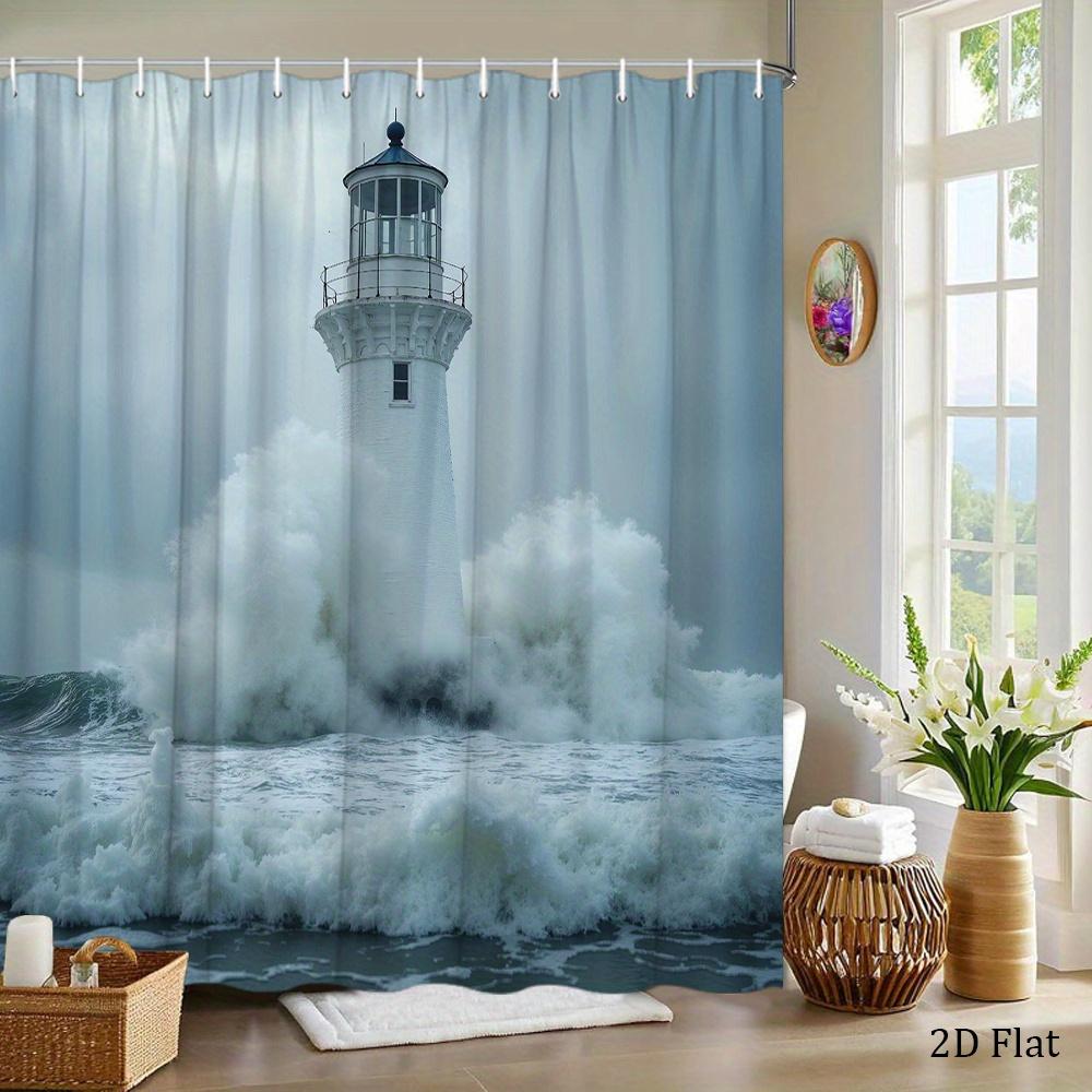 Ocean Lighthouse Shower Curtain Waterproof Moisture Proof Privacy Protection Print Storm Sea View Coastal Decor Bathroom Art