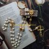 F26C Vintage Pearl Beads Rosary Necklace Jesus Christ Crucifix for Cross Pendant Neck