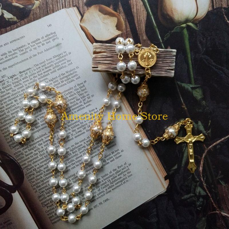 F26C Vintage Pearl Beads Rosary Necklace Jesus Christ Crucifix for Cross Pendant Neck