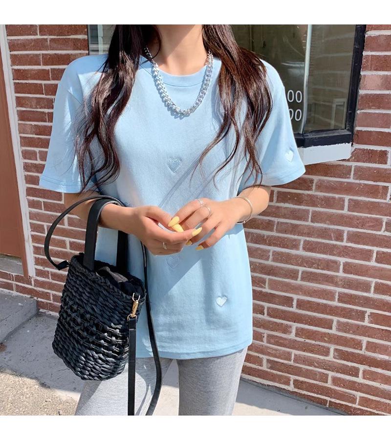 Women's Heart Embroidery Loose Short-Sleeve Round Neck T-Shirt 2023 - Trendy Korean Summer Fashion