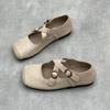 Johnature Handmade Cross Buckle Genuine Leather Soft Soled Flats Square Toe Soft Cowhide Women's Shoes