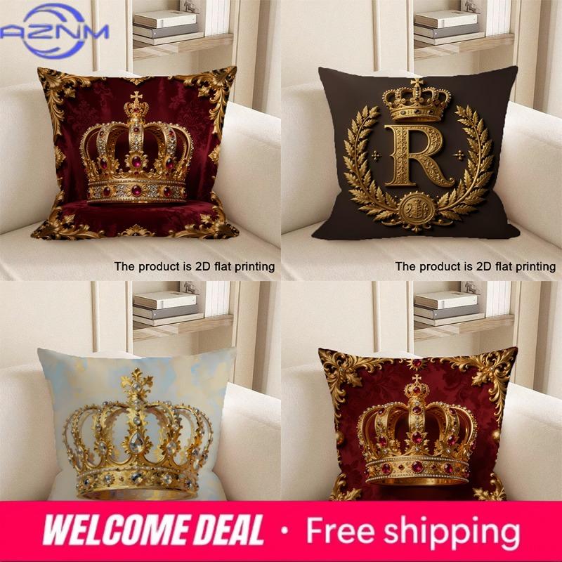 Shunika Chen Unisex Red 1Pc Luxurious Crown-Printed Velvet Pillowcase Sofa Cushion Cover Home Bedroom Room Decoration