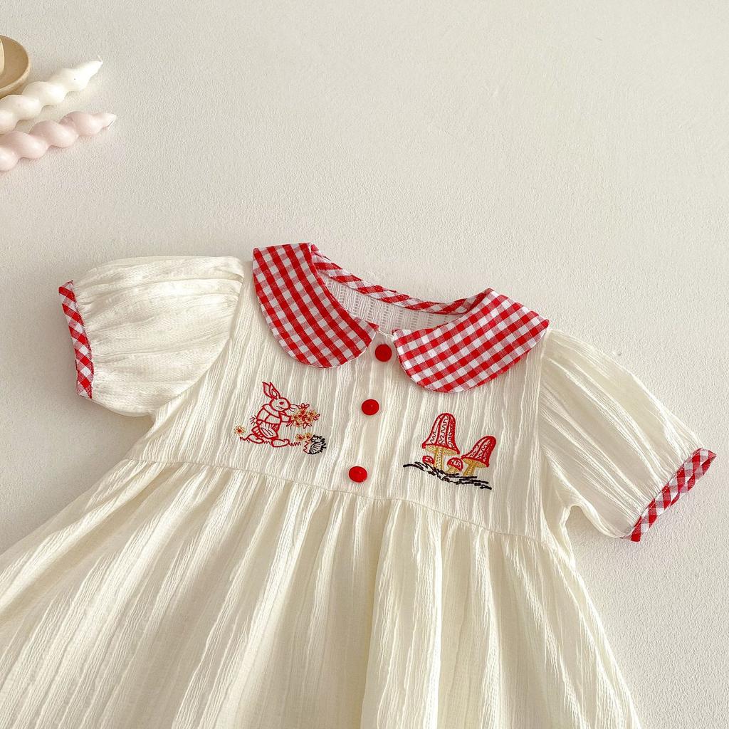 Baby Girls Summer Dress Plaid Bunny Embroidery Doll Collar Cute Toddler Dress
