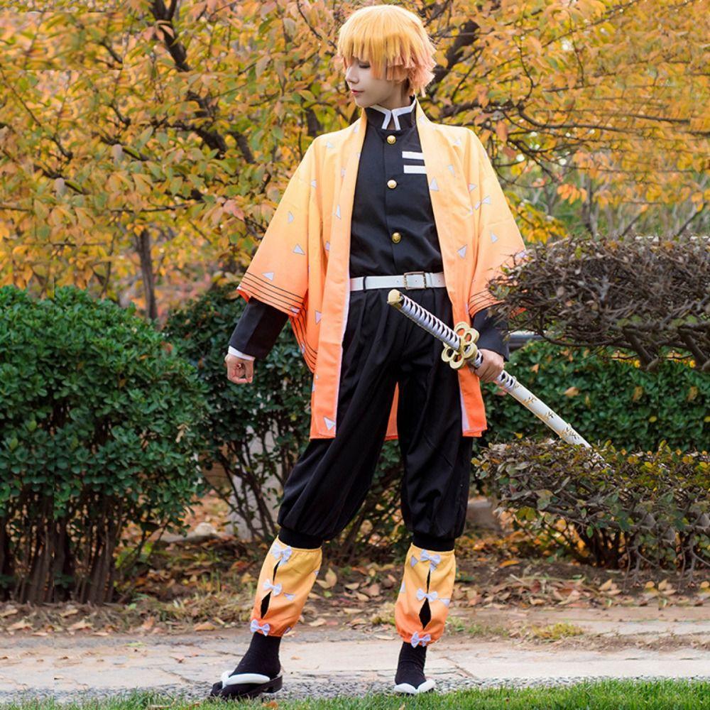 Agatsuma Zenitsu Cosplay Costume Wig Haori Embroidery Top Elastic Pants Belt Rose Net Cos Halloween Christmas Gift