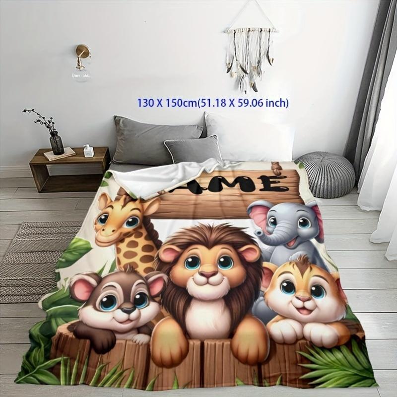 Custom Name Zoo Animal Flannel Blanket - Elephant/Lion/Monkey Print, Lightweight All-Season for Picnics/Travel, Machine Washable