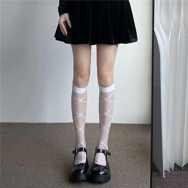 Nylon Grid Women Long Socks Japanese Lolita Knee Summer Thin Socks Plaid College Style JK Women Girls Stockings Knee High Socks