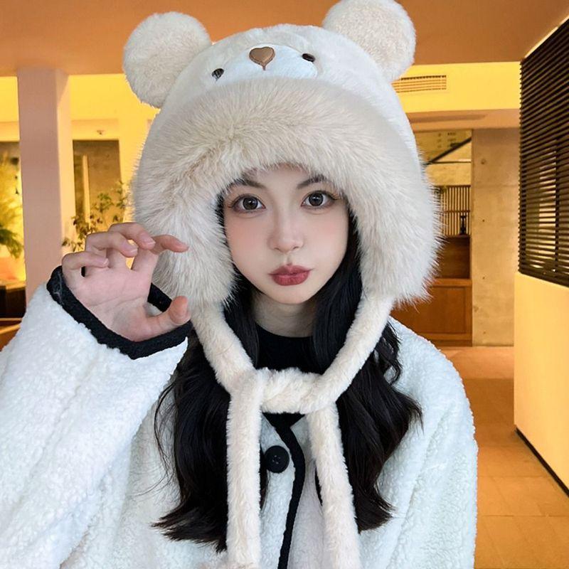 Fashion Cartoon Bear Ears Hat Windproof Ear Protection Winter Hat Solid Color Thick Warm Earflap Bonnet Hat