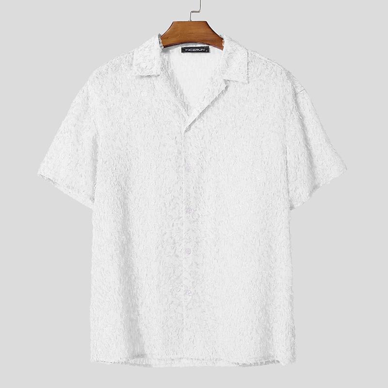 INCERUN Oversized Men Lapel Neck Short Sleeve Tassel Texture Casual Loose Shirts