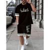 New Men's Fashionable Striped Letter Printed Breathable and Comfortable Round Neck T-shirt Shorts Set for Outdoor Casual Wear