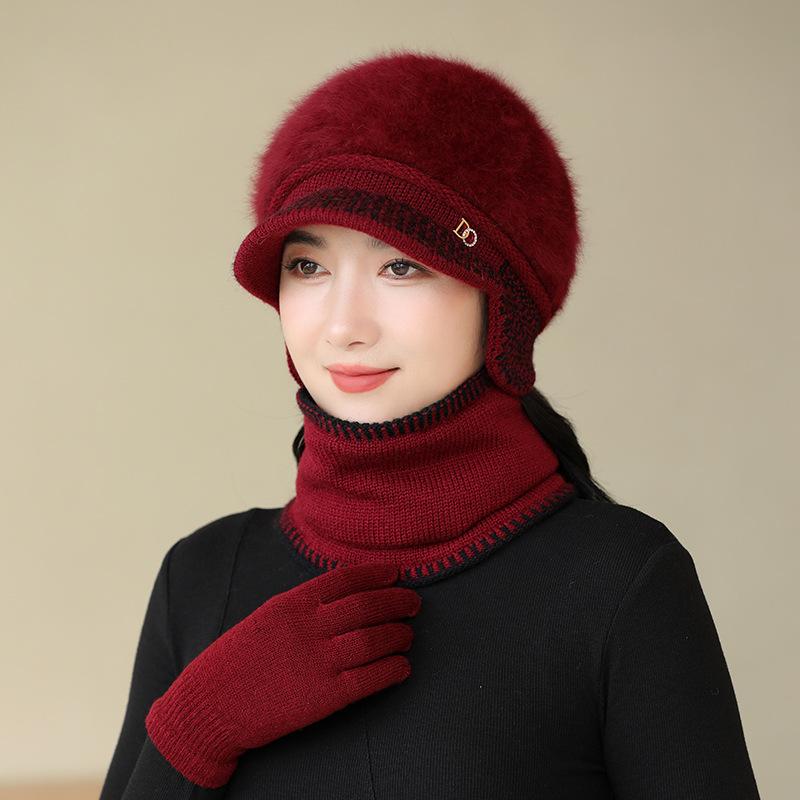 Dicke warme Wintermütze für Damen, Ohrenschützer Kaninchenfell Strickmütze, Kälteschutzmütze zum Reiten