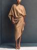 Women's French loose bat sleeves, linen skirt, pleated irregular wrap mid-length dress