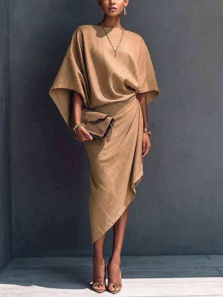 Women's French loose bat sleeves, linen skirt, pleated irregular wrap mid-length dress