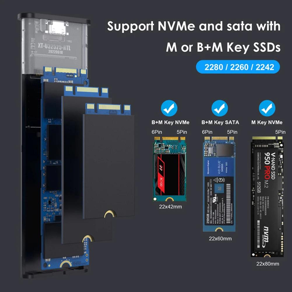 Caixa SSD NVMe M.2 de protocolo duplo 10 Gbps M.2 NVMe SSD Adaptador de gabinete Ferramenta grátis para SSD M.2 2230/2242/2260/2280