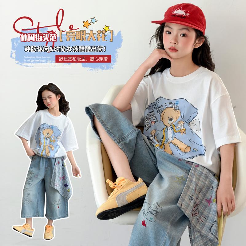 Girls' Summer Set 2026 New Style Children's Fashionable and Stylish Medium to Large Children's Loose Short sleeved Cowboy Shorts Two Piece Set