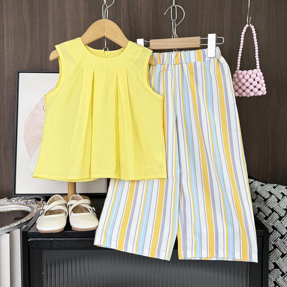 Mädchen Weiter Hosenanzug Set Sommer Neu Kinder Lässiges Sommer Outfit Koreanischer Stil Mädchen Weste Top Zweiteiliges Set