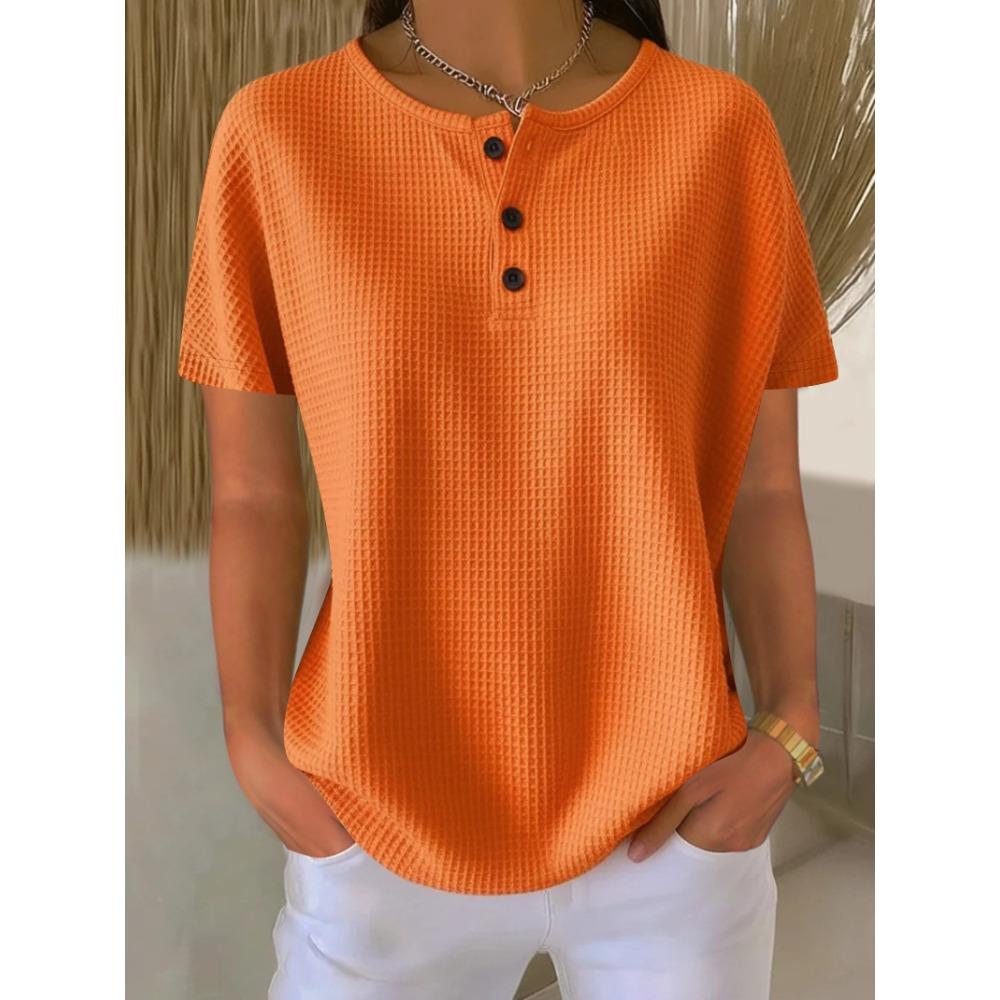Women s Regular Fit Crew Neck Partial Button Waffle Knit Short Sleeve Solid Casual Pullover T Shirt S оранжевый