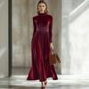2026 Women's Elegant Gold Velvet Long-Sleeve Slimming Dress with Waist-Cinched Design for Autumn/Winter.