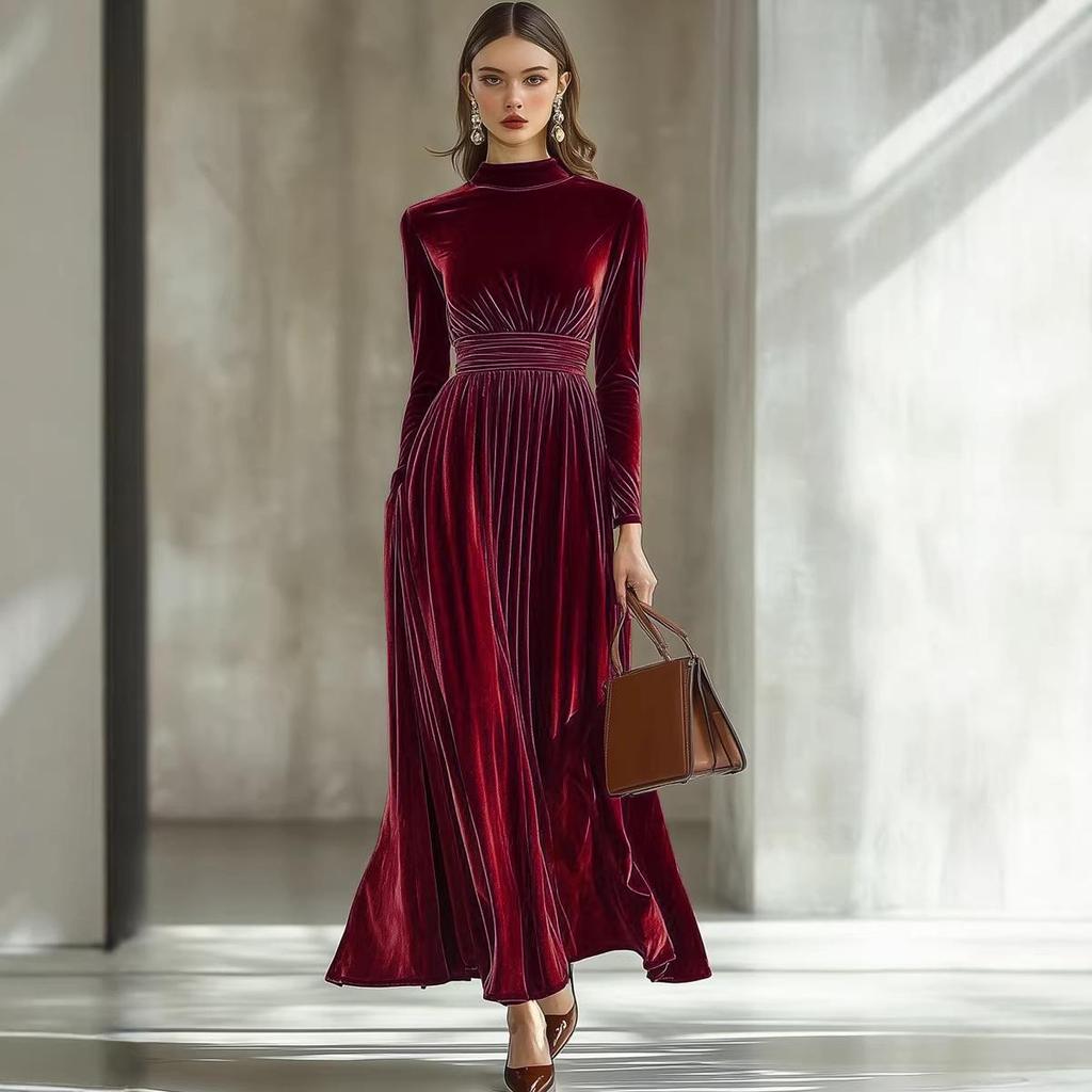 2026 Women's Elegant Gold Velvet Long-Sleeve Slimming Dress with Waist-Cinched Design for Autumn/Winter.