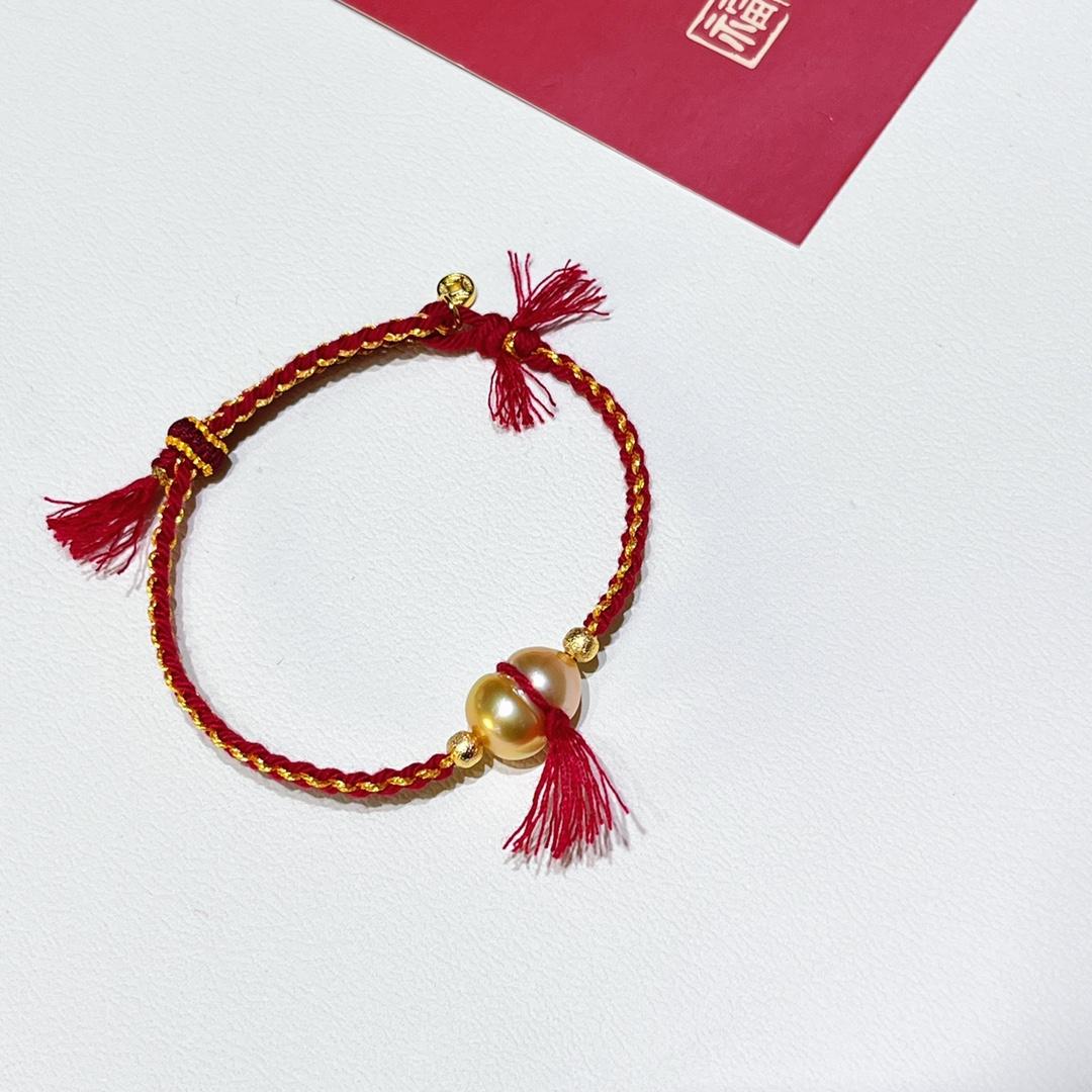Red Cord Bracelet With Golden Pearls Wrist Cord With 10-11mm Natural South Sea Gourd Golden Seawater Pearls, Lucky Charm Jewelry 16-20cm&10-11MM