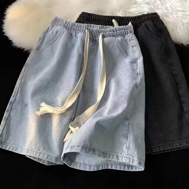 Men's American-Style Denim Shorts - Summer Casual, Loose Fit, Elastic Drawstring Waist, Vintage High Street Fashion.