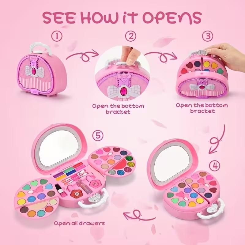 1set Colorful Girls' Pretend Makeup Toy Set - Pink and White Plastic Makeup Case with Mirror, Brushes, and Accessories.