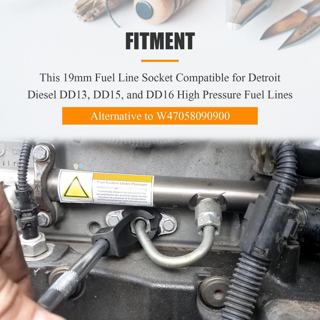 Mekar 19MM High Pressure Fuel Line Socket Compatible For Detroit Diesel DD13 DD15 DD16, Alternative To W47058090900 (3/8" Drive)