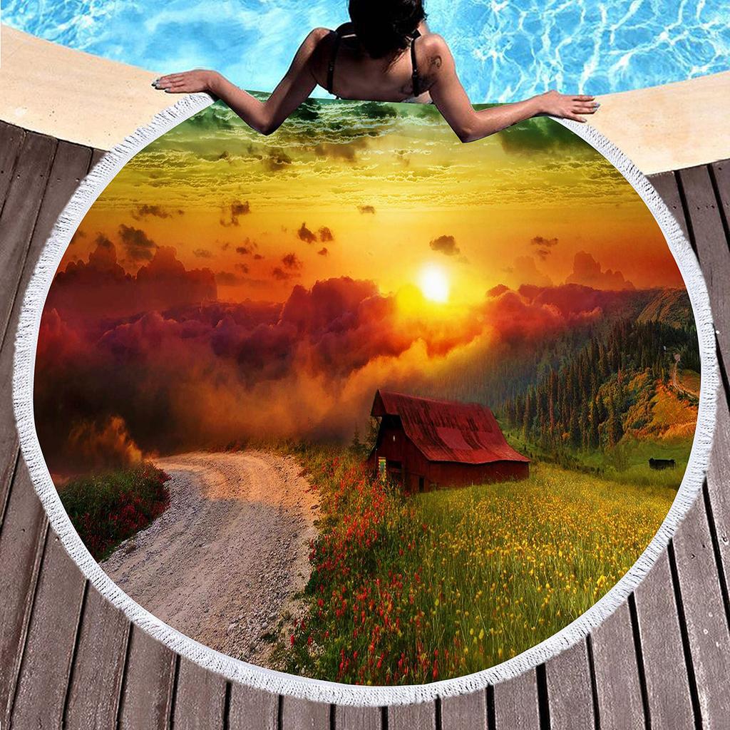 Pretty Country Scenery Print Round Beach Blanket,Polyester Sand Resistant Beach Towel,Absorbent Quick Dry Pool Towel Picnic Mat