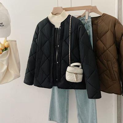 2025 Winter New Rhombus Cotton-padded Clothes Women's Short Bread Clothes Placket Down Cotton-padded Clothes Collarless Cotton-padded Jackets