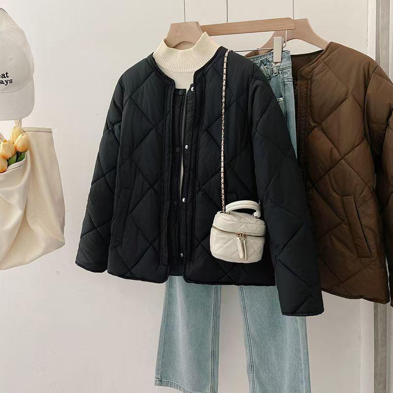New autumn and winter thin down cotton jacket collarless rhombus grid small slim women's jacket