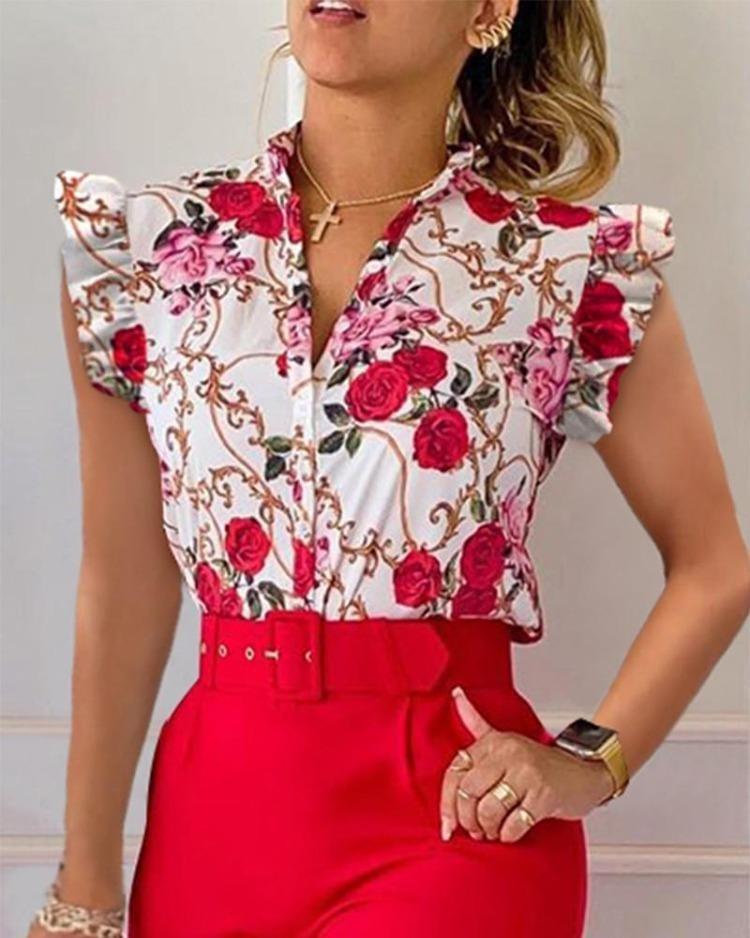Summer Petal Sleeve V Neck Printed Button Shirt for Women S