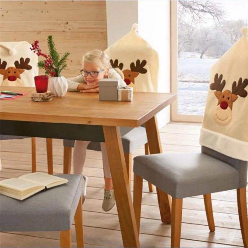 1PC Beige Christmas reindeer embroidered chair cover Christmas Home Decor Dinner Chair Xmas Cap Gifts Party Supplies