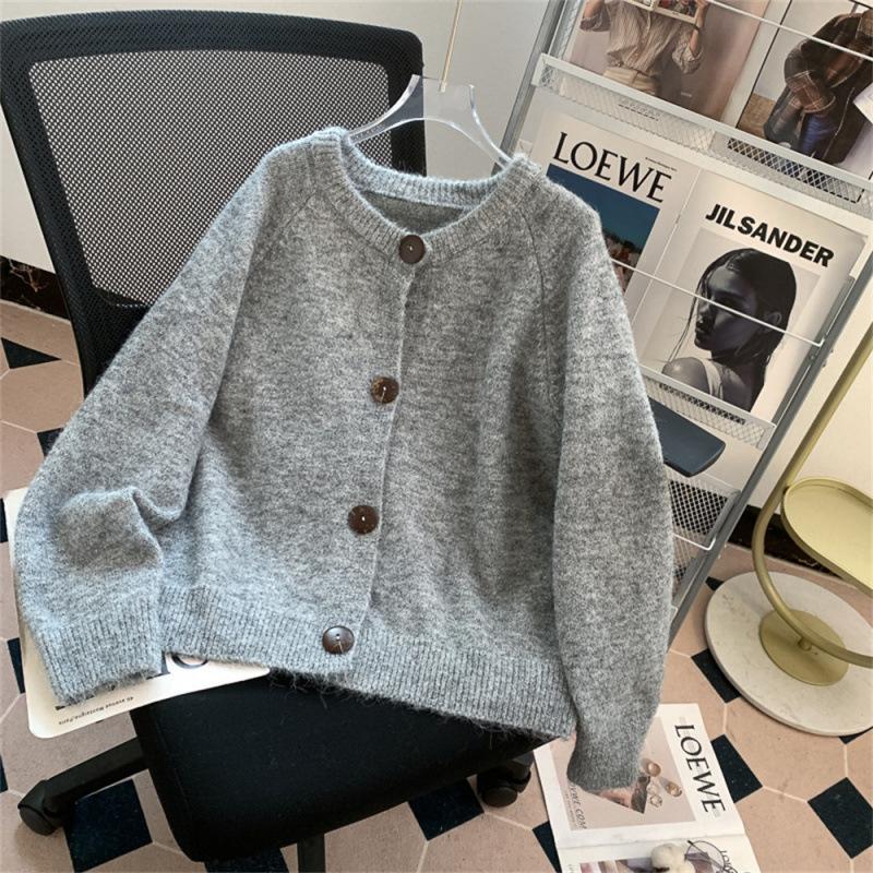 Crew Neck Short Knitted Cardigan Women's Autumn New Women's Clothing Top Design Button Sweater Jacket