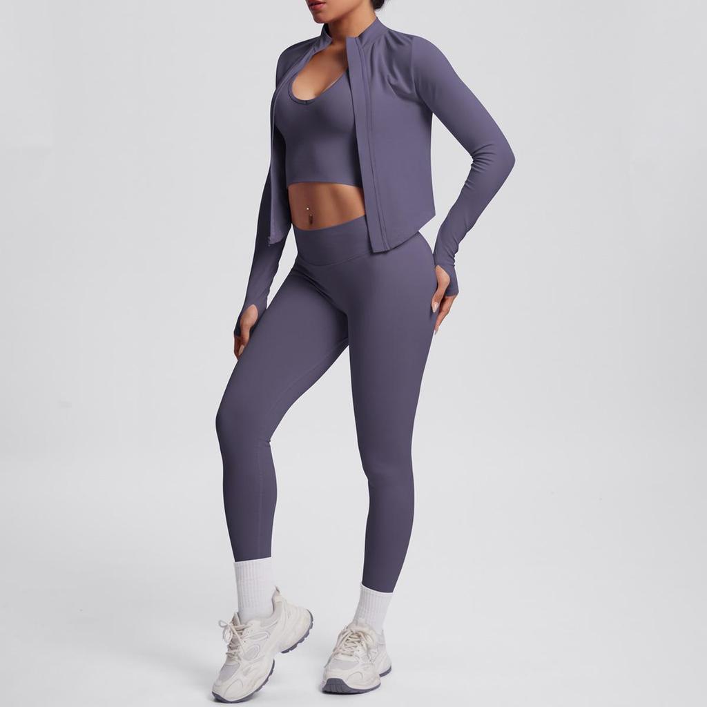 Women's Stand Collar Knit Zipper Jacket, Sports Bra & Yoga Pants Set
