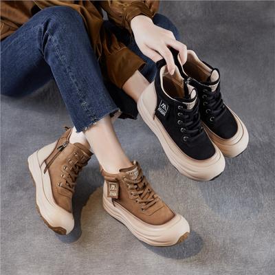 Genuine Leather Thick Soled Retro Side Zipper Short Boots Casual Lace Up Women's Flat Platform Shoes