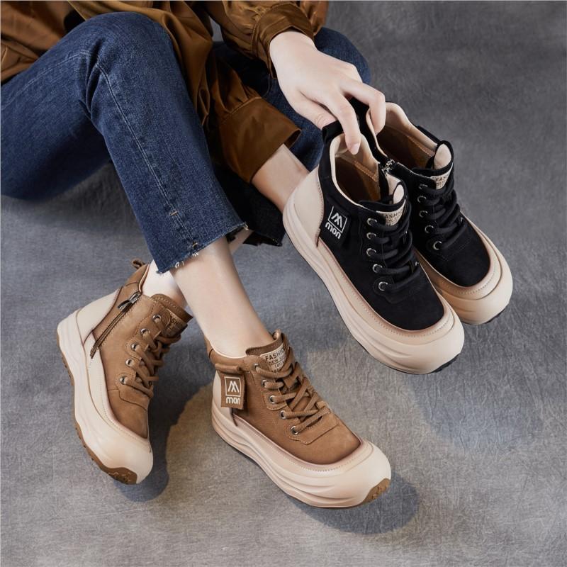 Johnature Echtes Leder Dicksohlige Retro Stiefeletten mit seitlichem Reißverschluss Lässige Schnürschuhe Damen Flache Plateau Schuhe