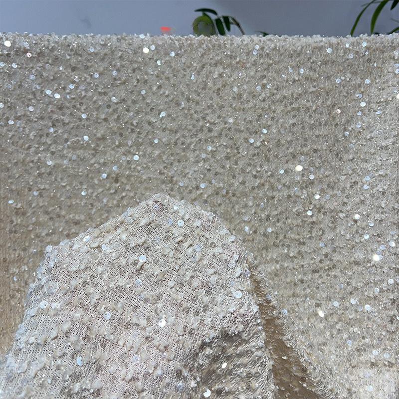 

Mesh Sequined Embroidery Fabric Elastic Mesh Vertical Sequin Fabric for Sewing Party Dress Wedding Stage Clothing Fabric 1Yard