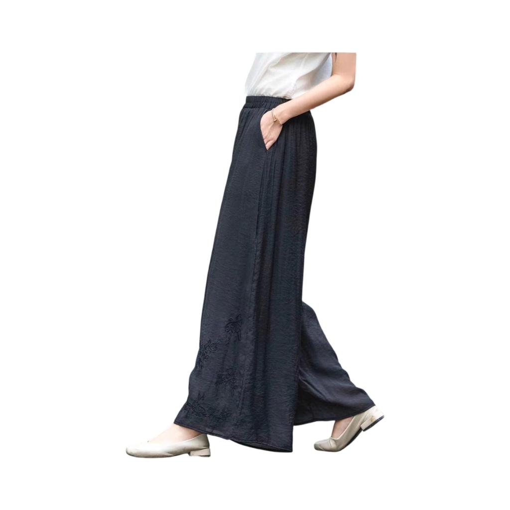 Pantaloni Casual da Donna alla Moda in Cotone e Lino Ricamati a Doppio Strato con Gamba Dritta