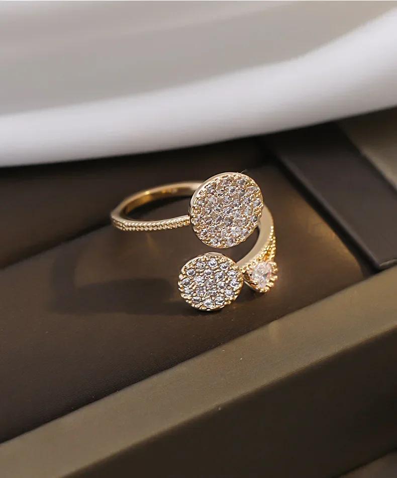 Luxury Geometric Circle Zircon Ring for Women Personality High Quality Sense Niche Design Adjustable Open Index Finger Zircon resizable золотой